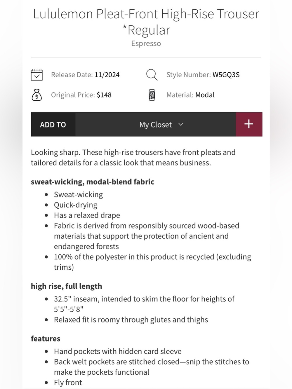 Lululemon Pleat-Front High-Rise Trouser
Regular Espresso Size 12 - Picture 14 of 15